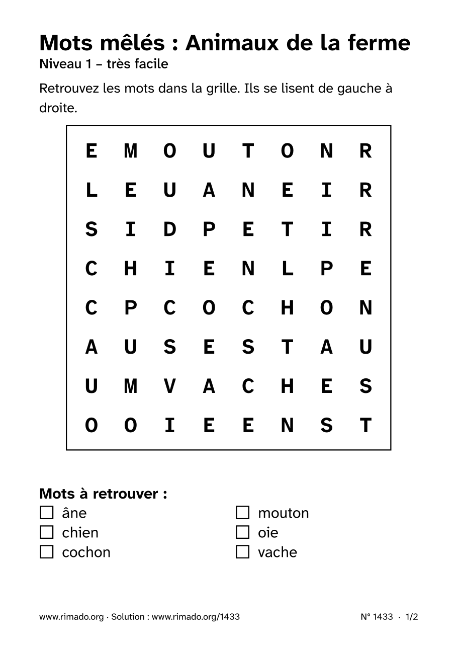 Aperçu de la feuille imprimée : Mots mêlés « Animaux de la ferme », nº 1433