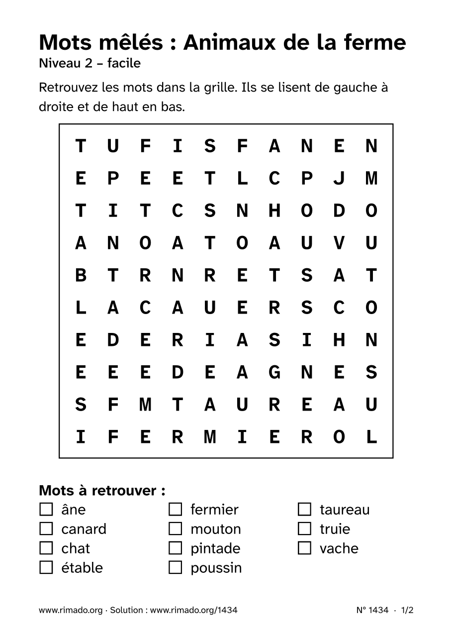 Aperçu de la feuille imprimée : Mots mêlés « Animaux de la ferme », nº 1434