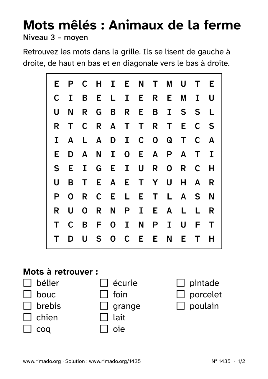 Aperçu de la feuille imprimée : Mots mêlés « Animaux de la ferme », nº 1435