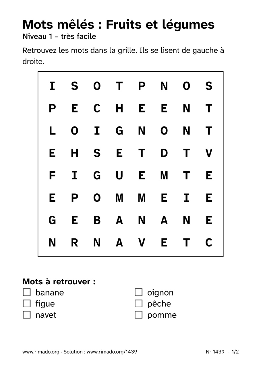 Aperçu de la feuille imprimée : Mots mêlés « Fruits et légumes », nº 1439