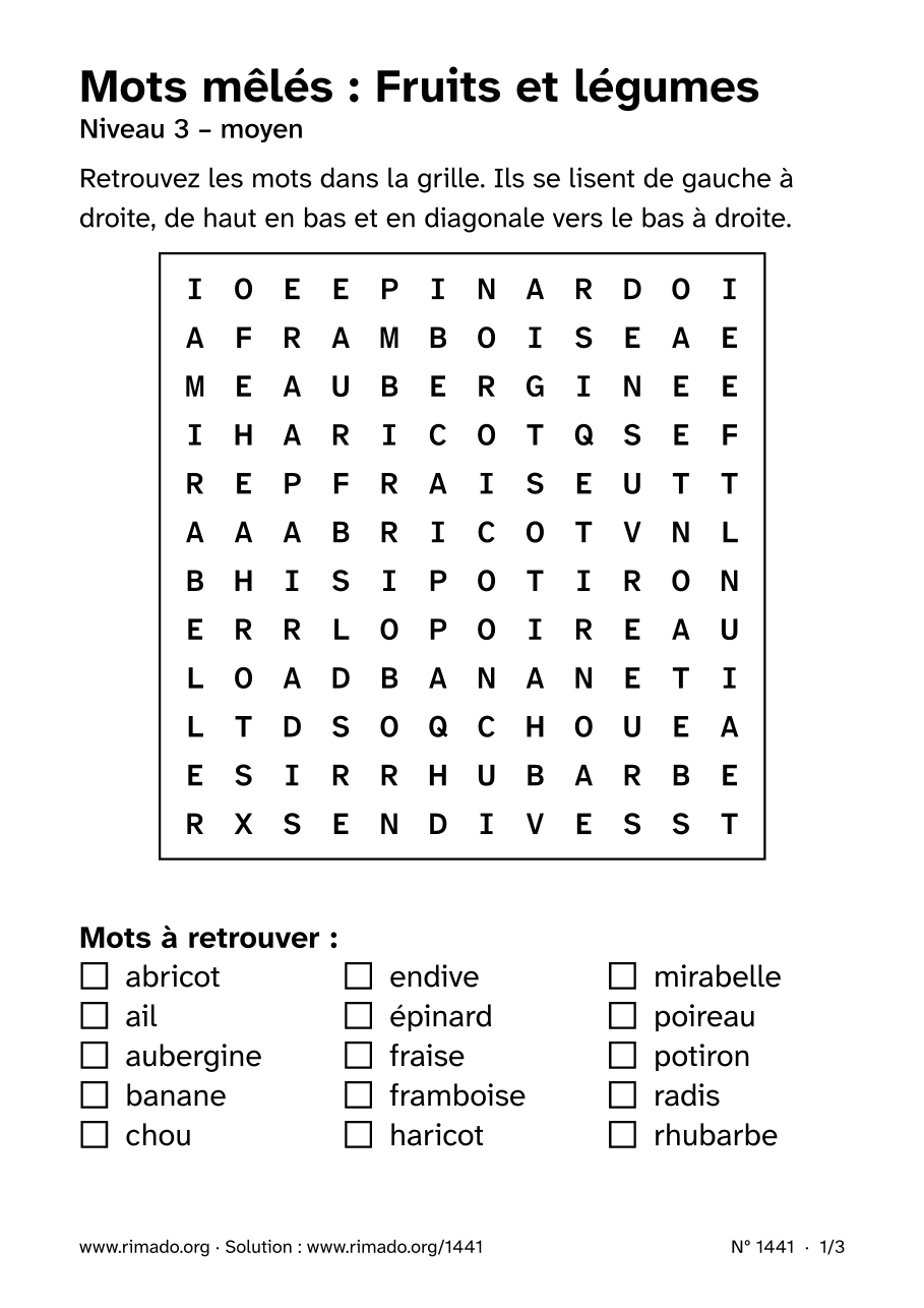 Aperçu de la feuille imprimée : Mots mêlés « Fruits et légumes », nº 1441