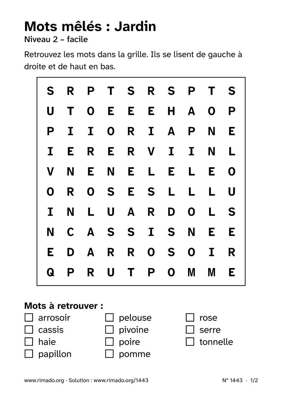 Aperçu de la feuille imprimée : Mots mêlés « Jardin », nº 1443