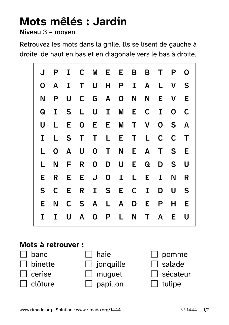 Aperçu de la feuille imprimée : Mots mêlés « Jardin », nº 1444