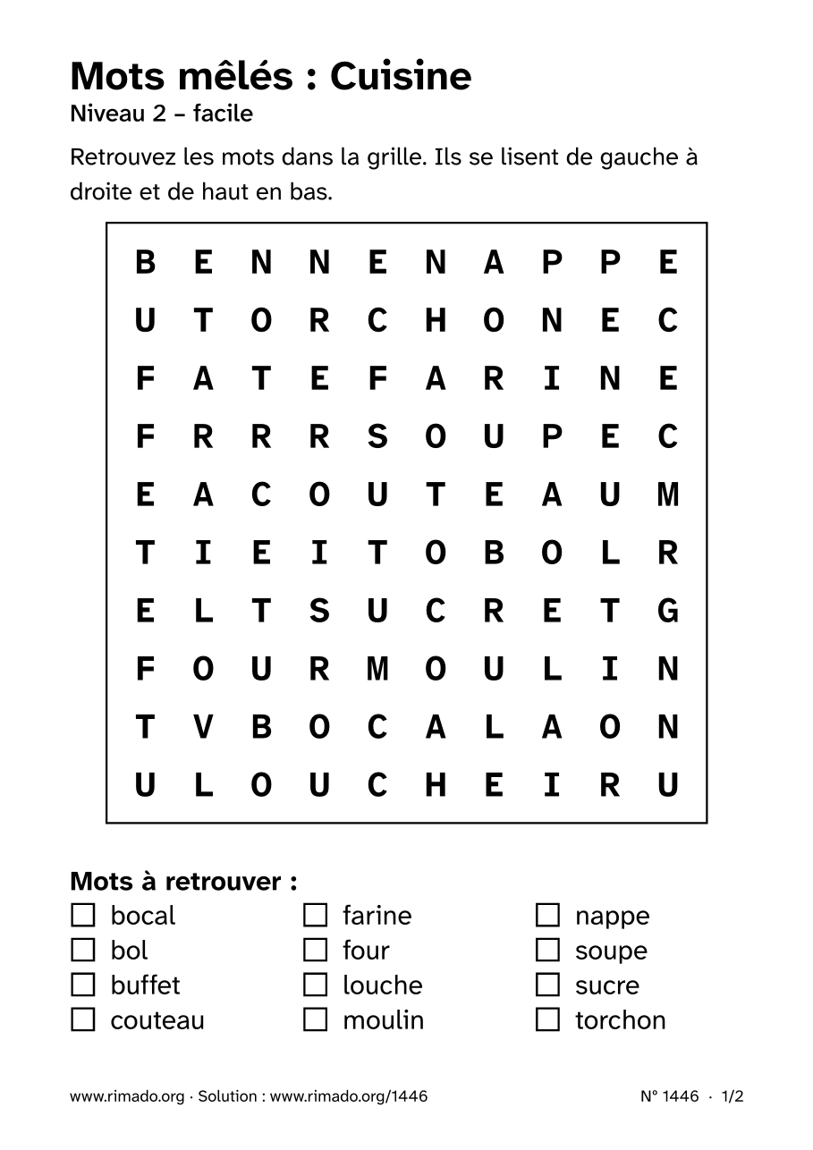 Aperçu de la feuille imprimée : Mots mêlés « Cuisine », nº 1446