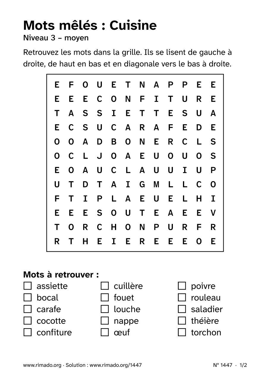 Aperçu de la feuille imprimée : Mots mêlés « Cuisine », nº 1447