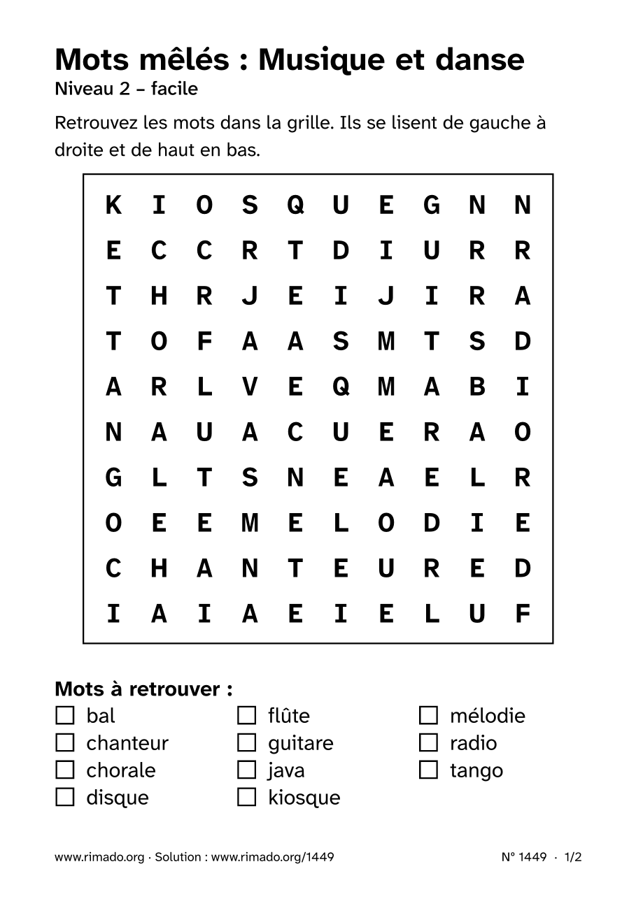 Aperçu de la feuille imprimée : Mots mêlés « Musique et danse », nº 1449