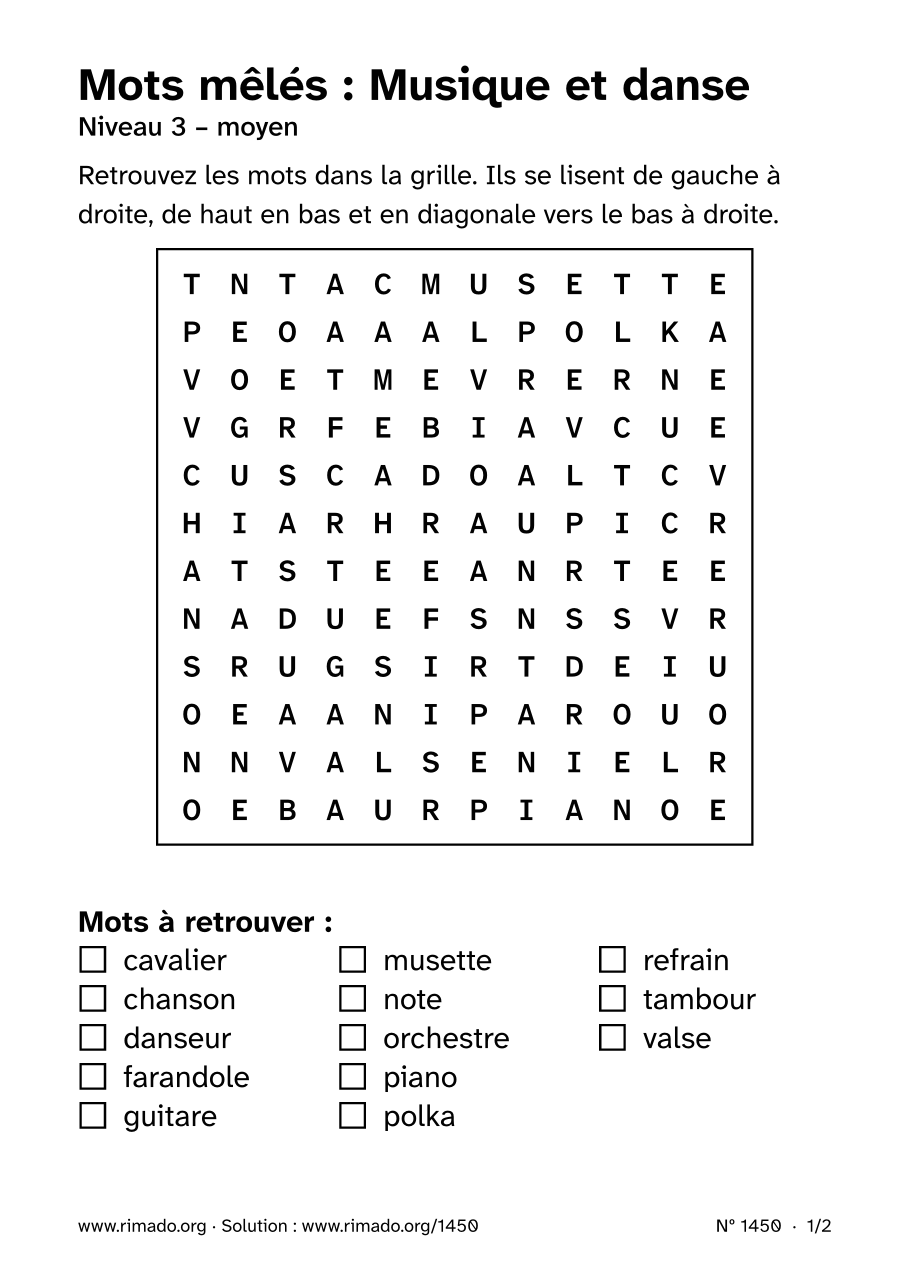 Aperçu de la feuille imprimée : Mots mêlés « Musique et danse », nº 1450