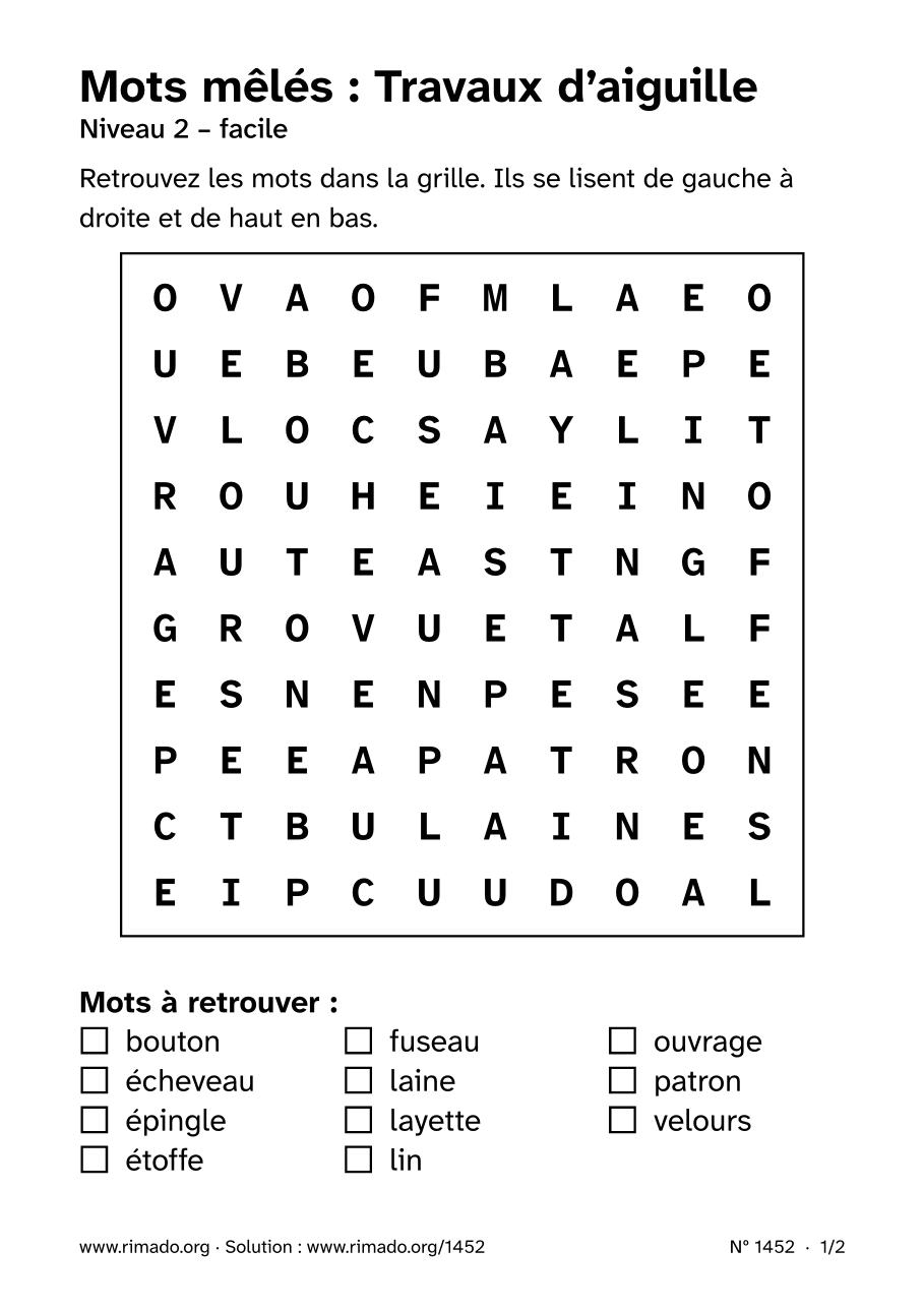 Aperçu de la feuille imprimée : Mots mêlés « Travaux d’aiguille », nº 1452