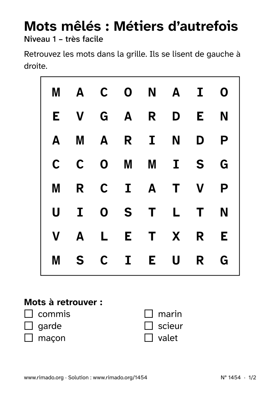 Aperçu de la feuille imprimée : Mots mêlés « Métiers d’autrefois », nº 1454