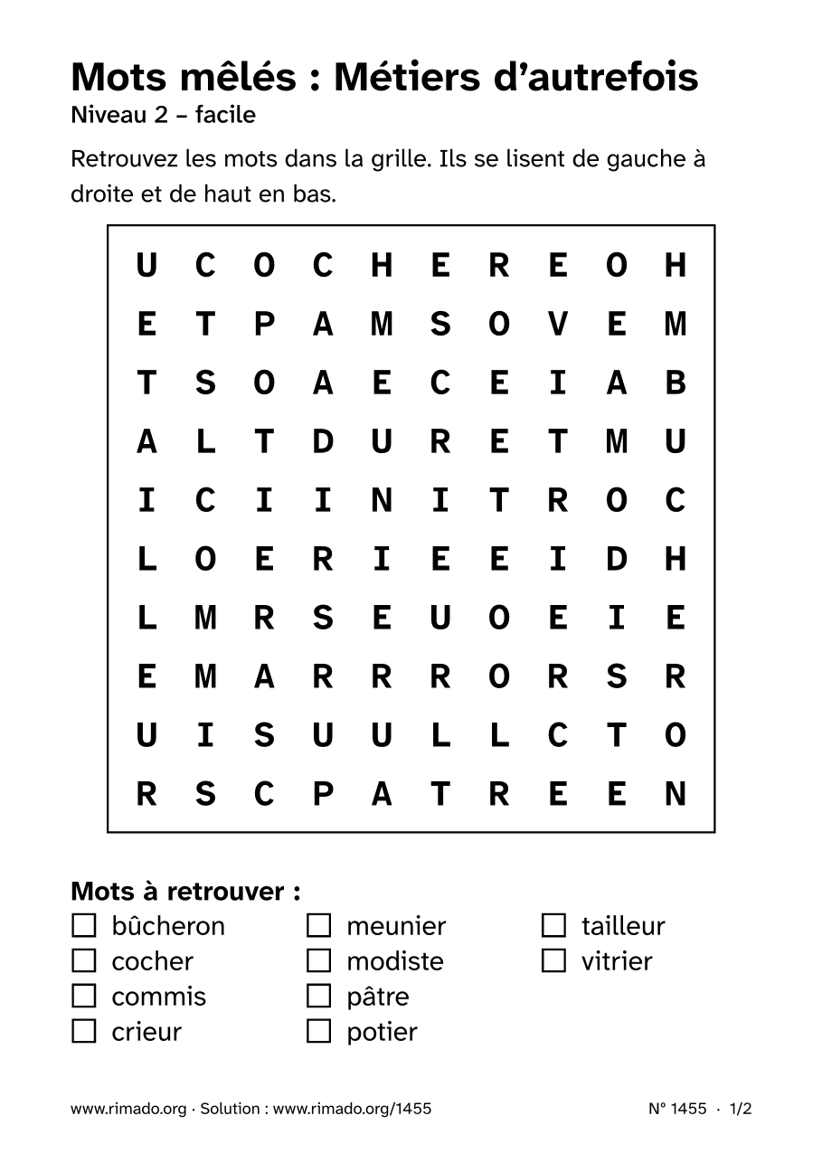 Aperçu de la feuille imprimée : Mots mêlés « Métiers d’autrefois », nº 1455