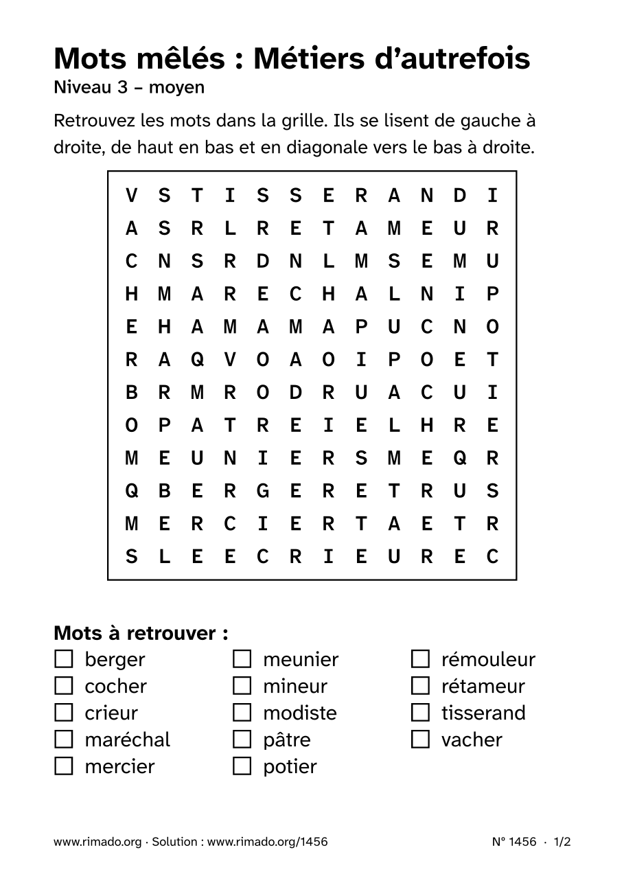 Aperçu de la feuille imprimée : Mots mêlés « Métiers d’autrefois », nº 1456