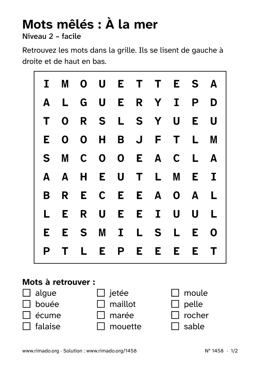 Aperçu de la feuille imprimée : Mots mêlés « À la mer », nº 1458