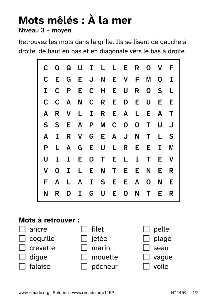 Aperçu de la feuille imprimée : Mots mêlés « À la mer », nº 1459