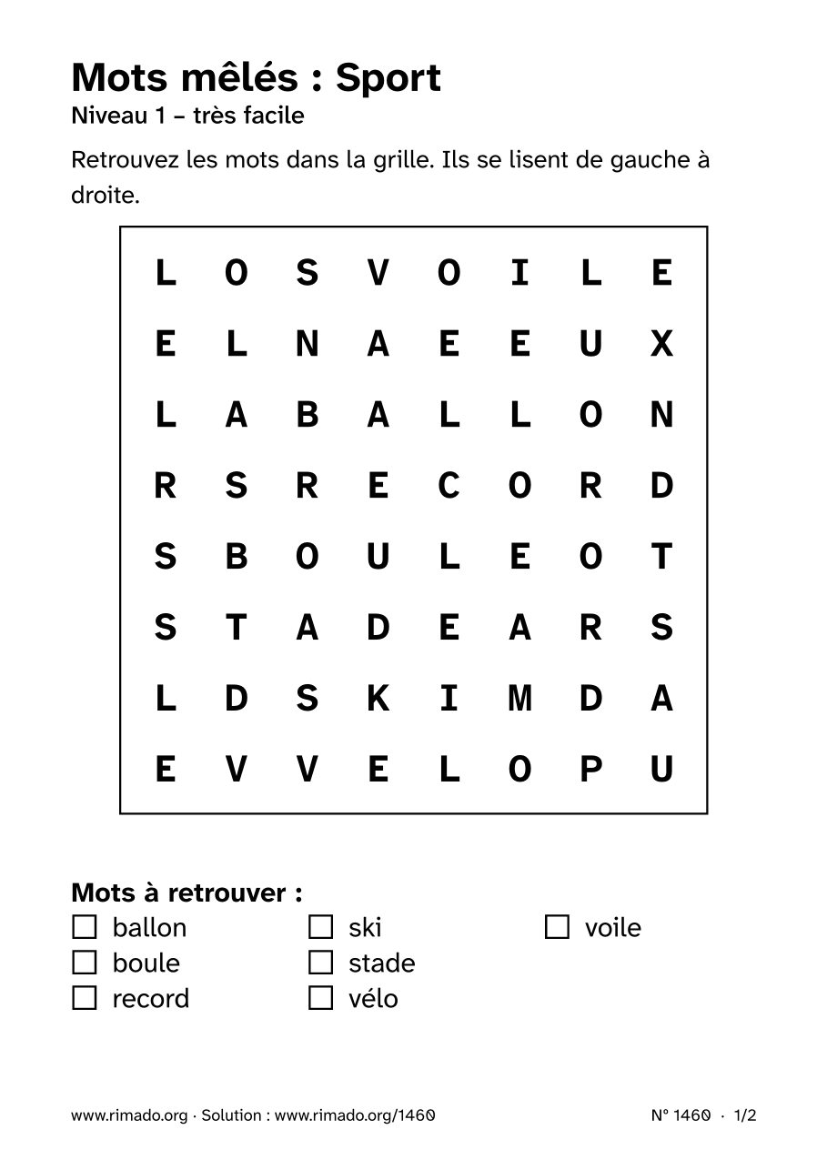Aperçu de la feuille imprimée : Mots mêlés « Sport », nº 1460