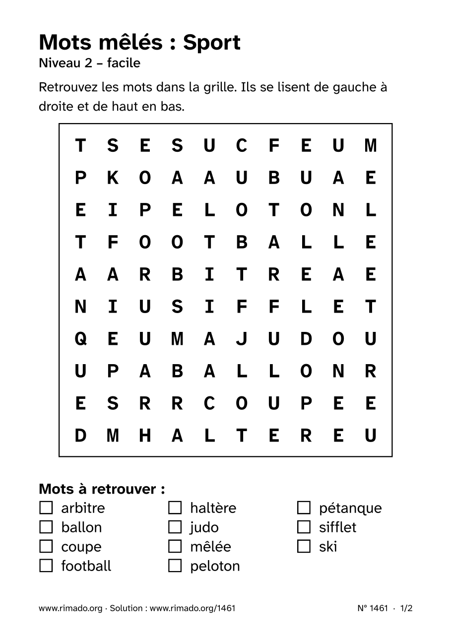 Aperçu de la feuille imprimée : Mots mêlés « Sport », nº 1461