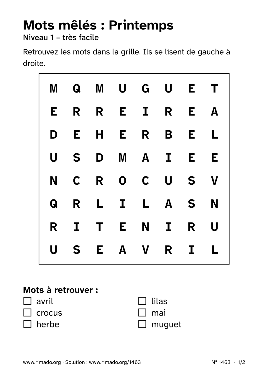 Aperçu de la feuille imprimée : Mots mêlés « Printemps », nº 1463