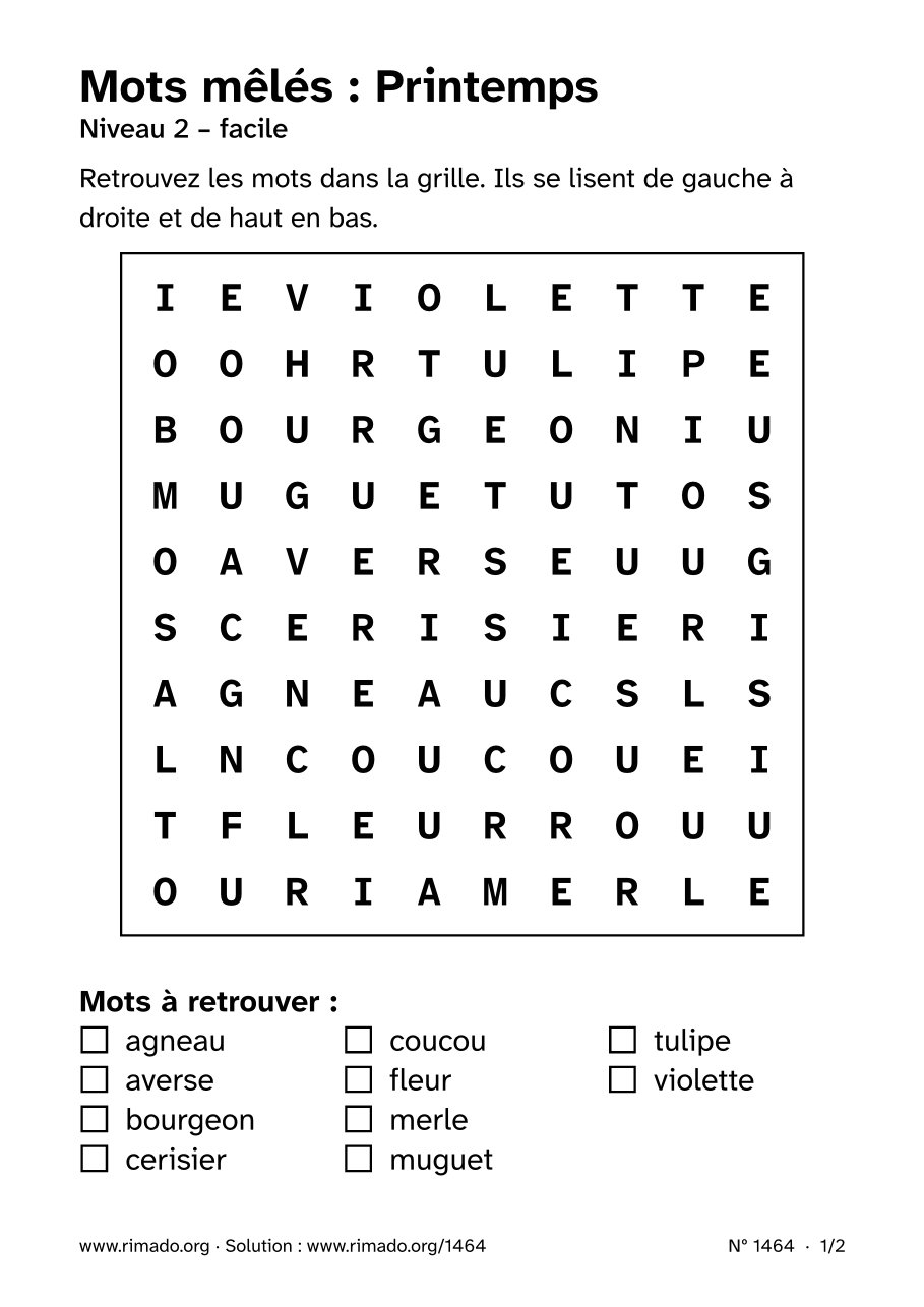 Aperçu de la feuille imprimée : Mots mêlés « Printemps », nº 1464