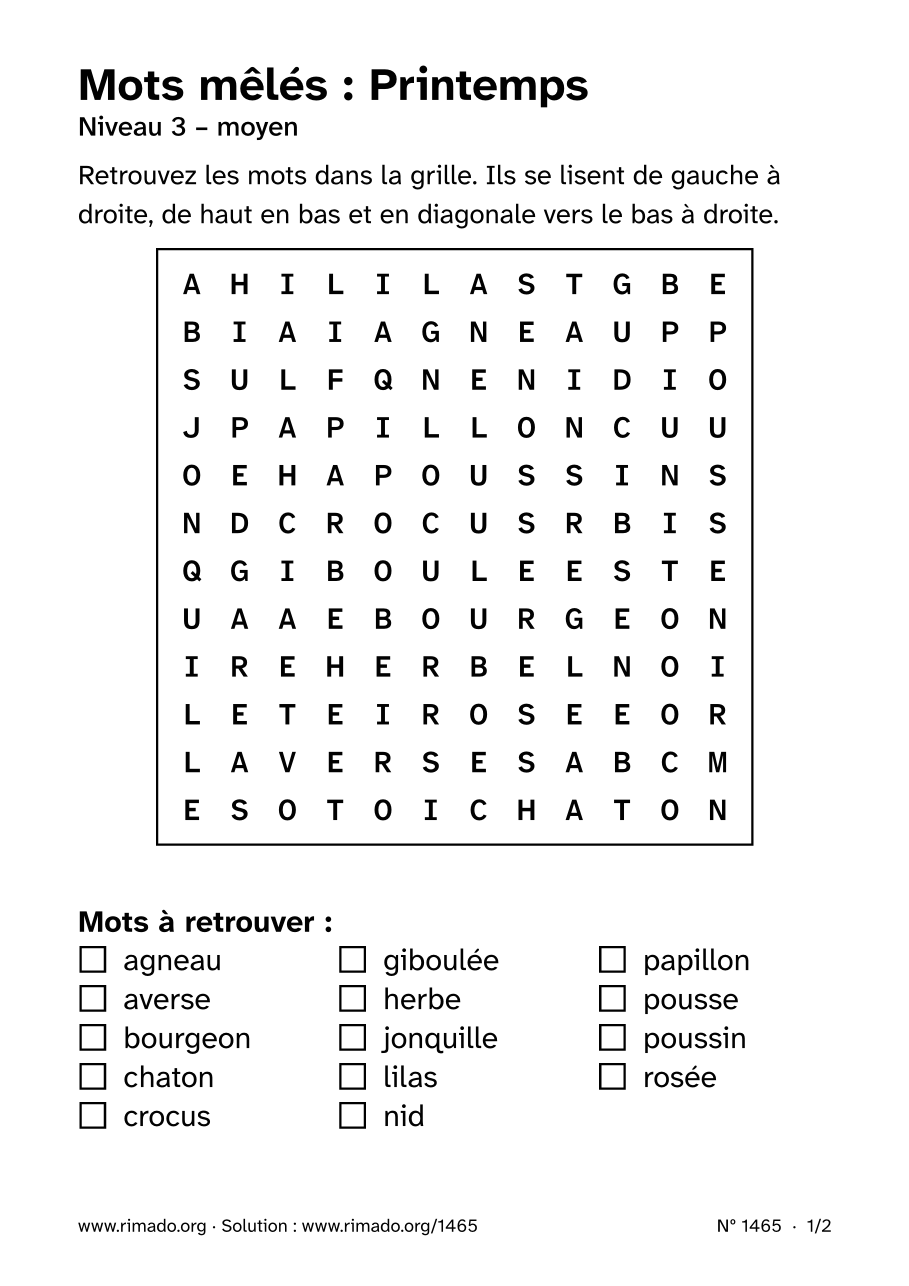 Aperçu de la feuille imprimée : Mots mêlés « Printemps », nº 1465