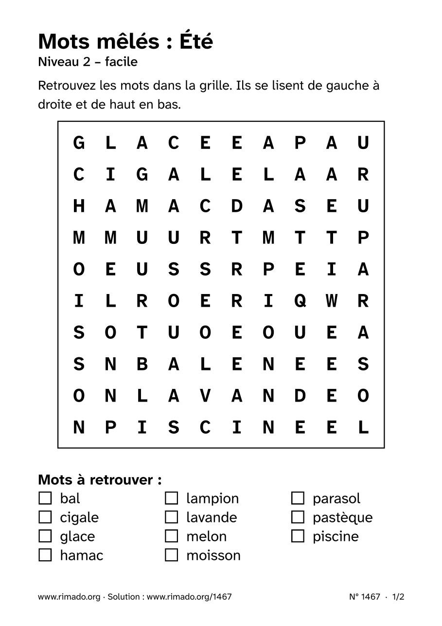 Aperçu de la feuille imprimée : Mots mêlés « Été », nº 1467