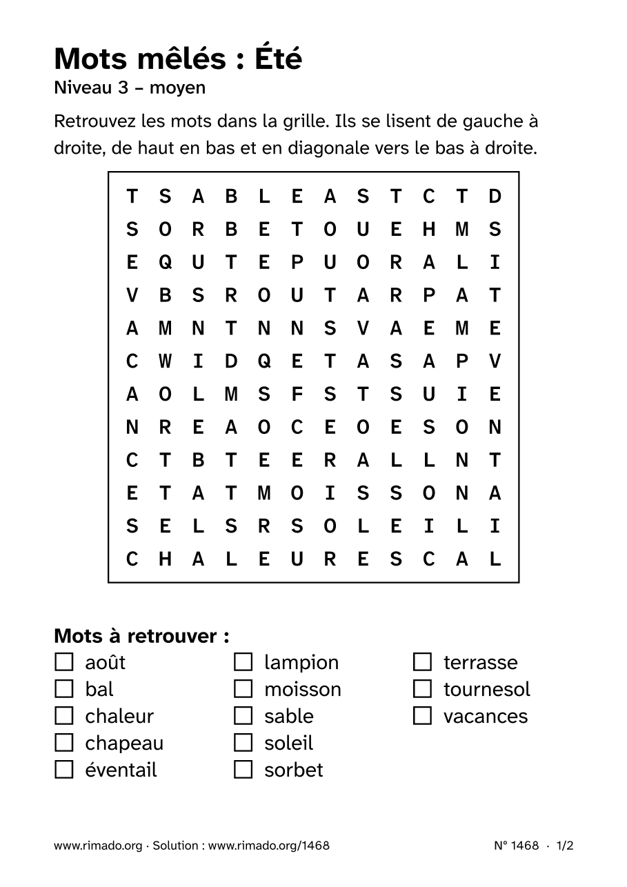 Aperçu de la feuille imprimée : Mots mêlés « Été », nº 1468