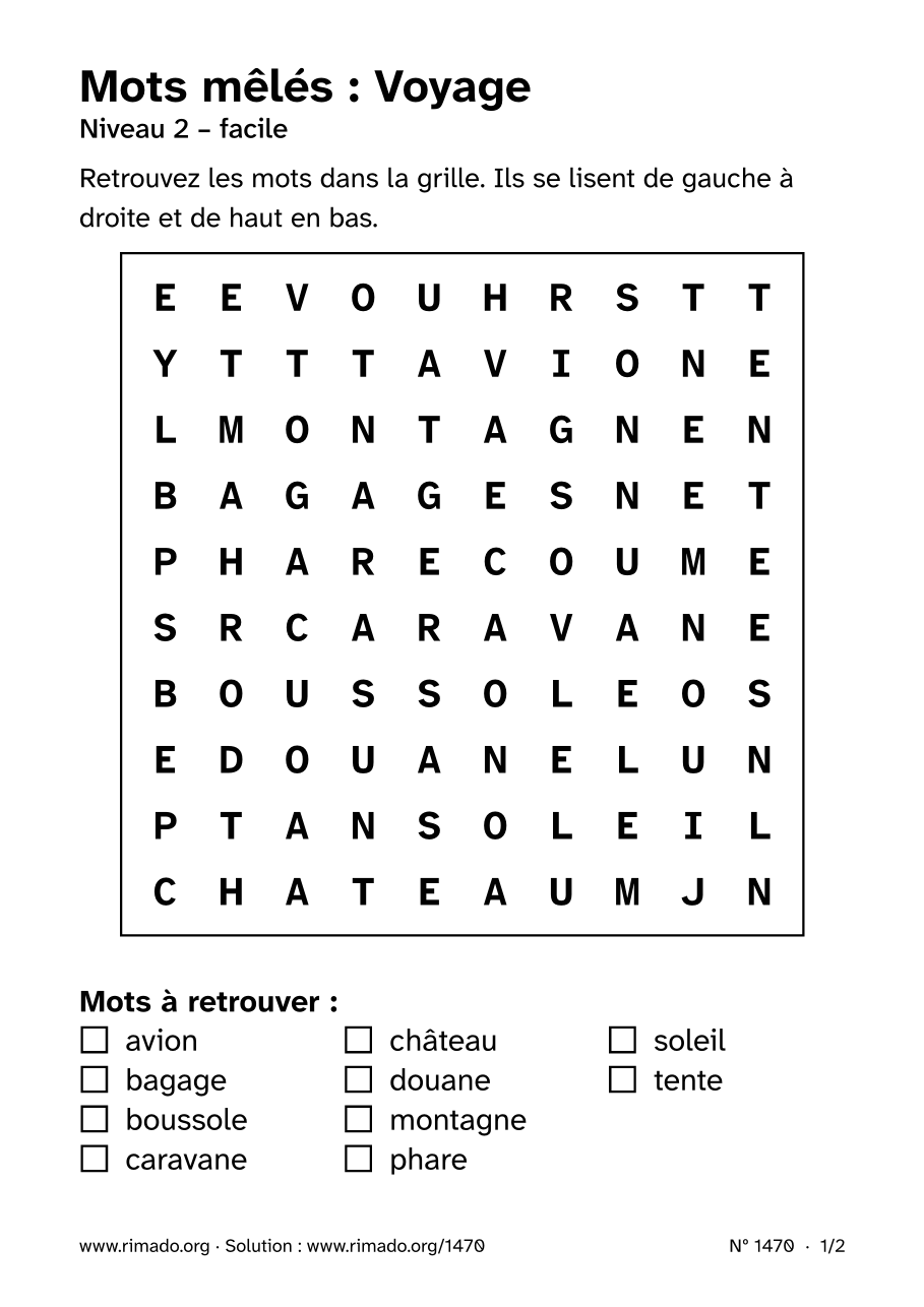 Aperçu de la feuille imprimée : Mots mêlés « Voyage », nº 1470