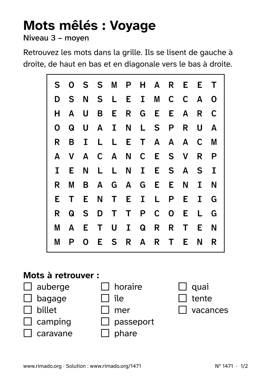 Aperçu de la feuille imprimée : Mots mêlés « Voyage », nº 1471