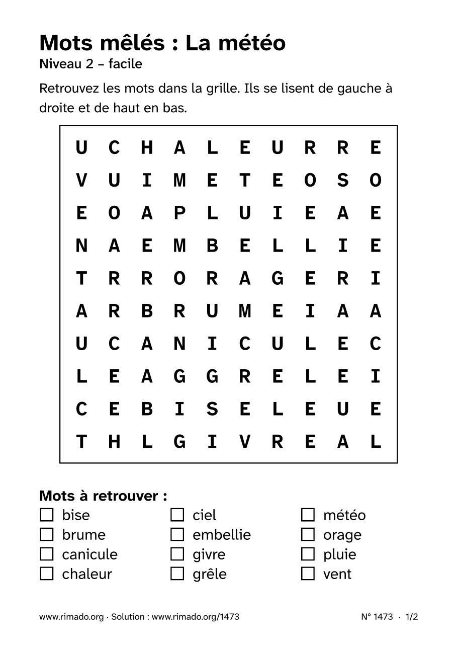 Aperçu de la feuille imprimée : Mots mêlés « La météo », nº 1473