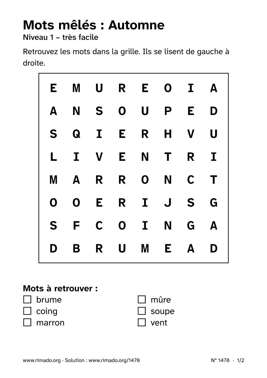 Aperçu de la feuille imprimée : Mots mêlés « Automne », nº 1478