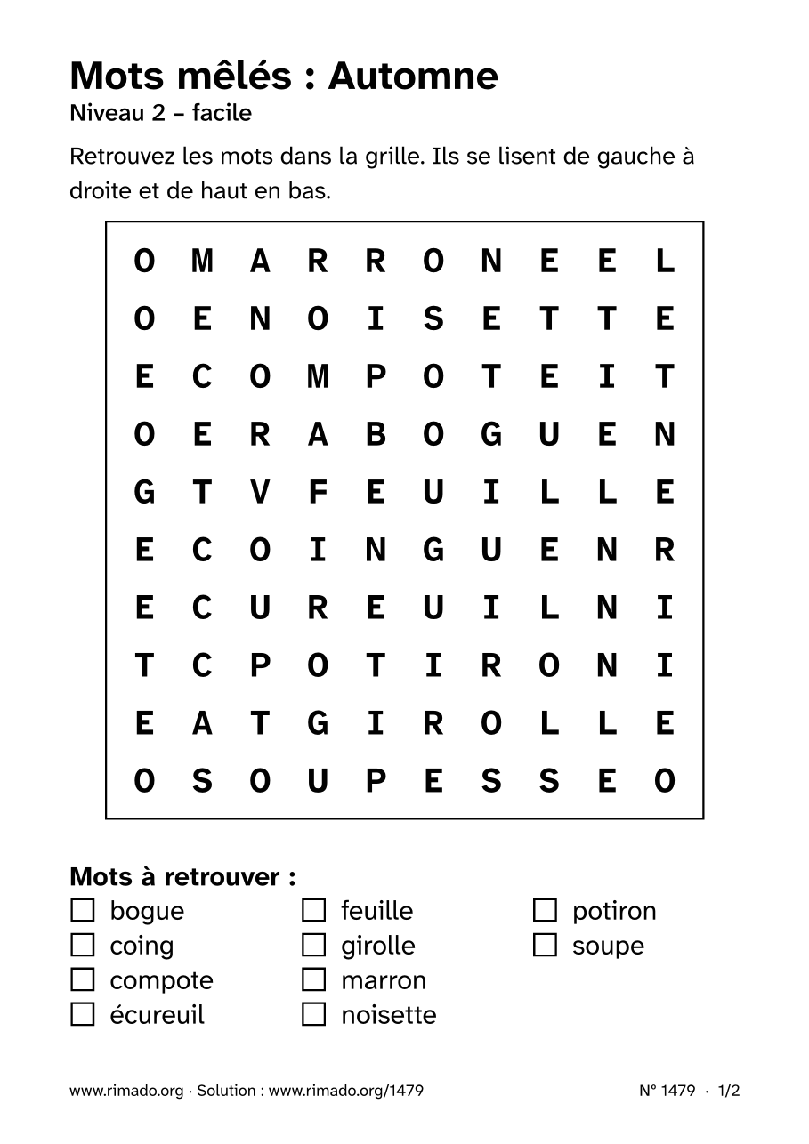 Aperçu de la feuille imprimée : Mots mêlés « Automne », nº 1479