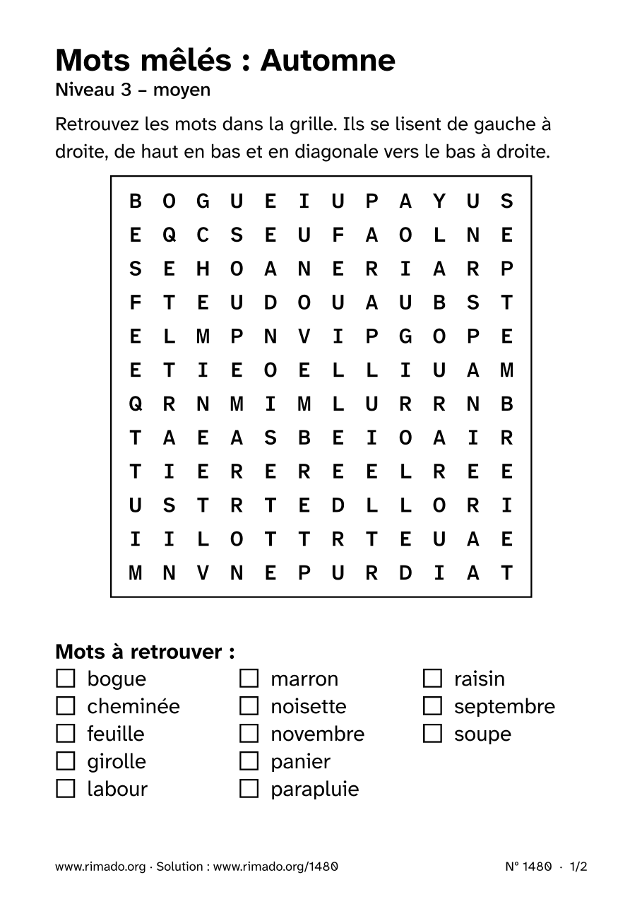 Aperçu de la feuille imprimée : Mots mêlés « Automne », nº 1480