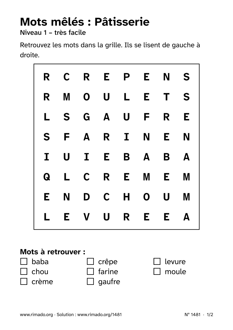 Aperçu de la feuille imprimée : Mots mêlés « Pâtisserie », nº 1481