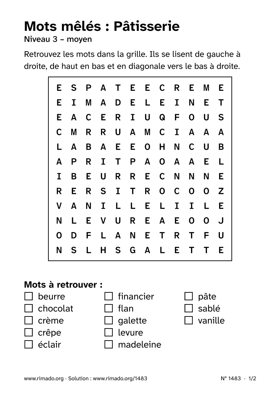 Aperçu de la feuille imprimée : Mots mêlés « Pâtisserie », nº 1483