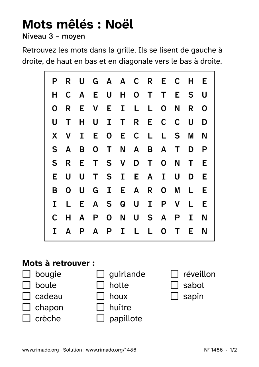 Aperçu de la feuille imprimée : Mots mêlés « Noël », nº 1486