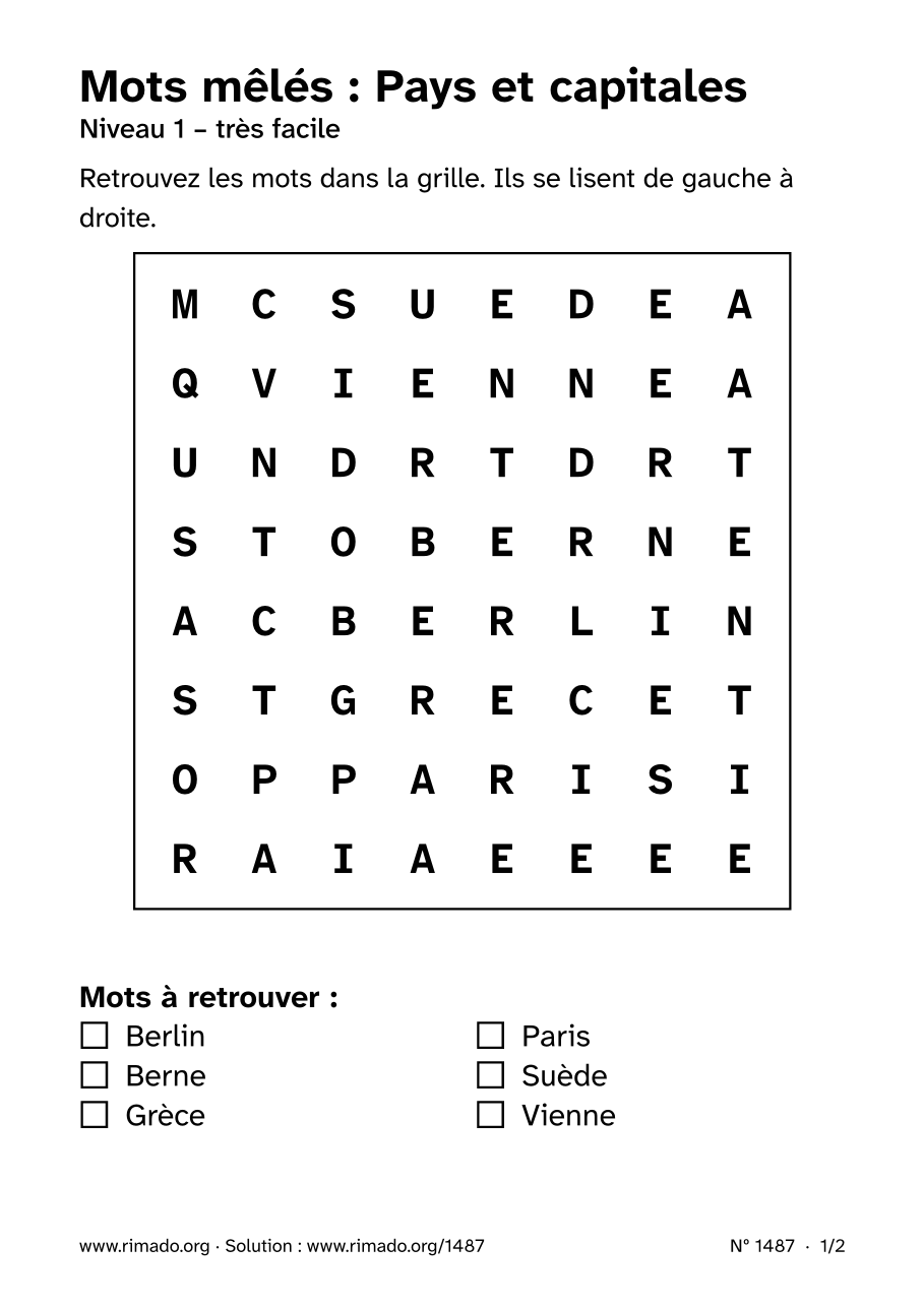 Aperçu de la feuille imprimée : Mots mêlés « Pays et capitales », nº 1487