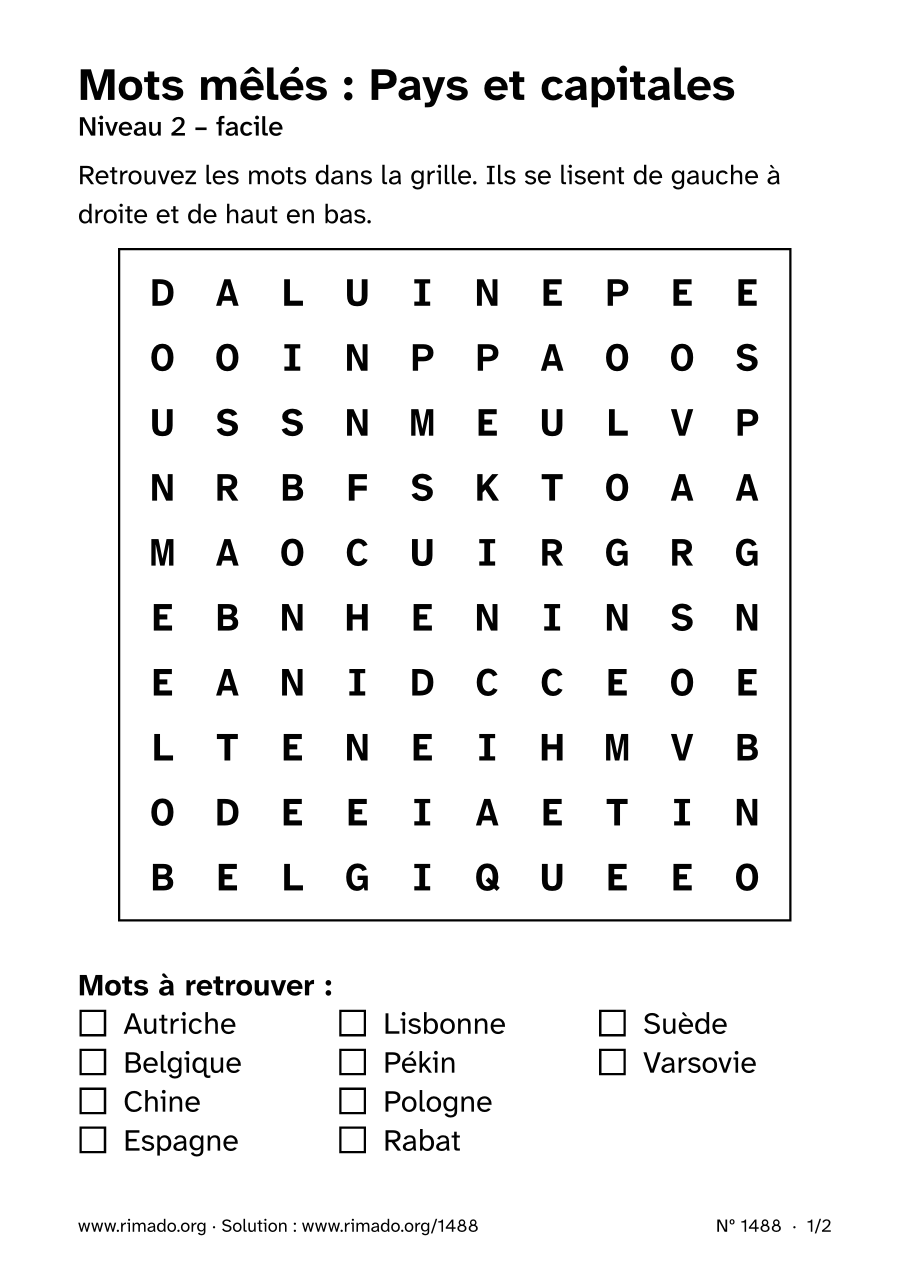 Aperçu de la feuille imprimée : Mots mêlés « Pays et capitales », nº 1488