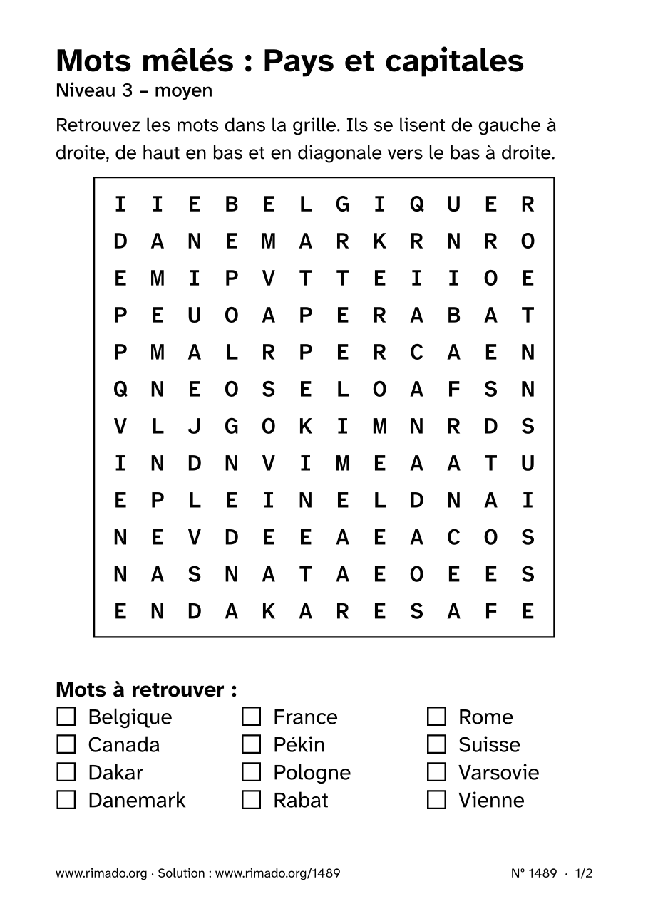 Aperçu de la feuille imprimée : Mots mêlés « Pays et capitales », nº 1489