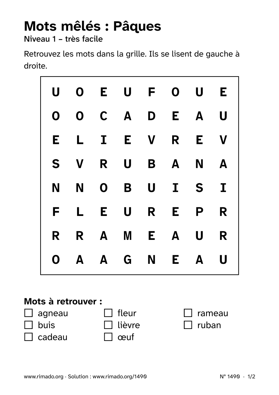 Aperçu de la feuille imprimée : Mots mêlés « Pâques », nº 1490