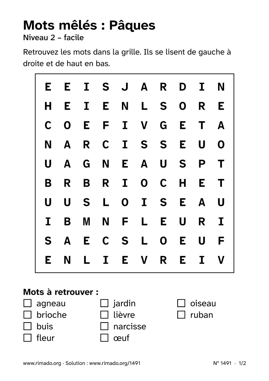 Aperçu de la feuille imprimée : Mots mêlés « Pâques », nº 1491