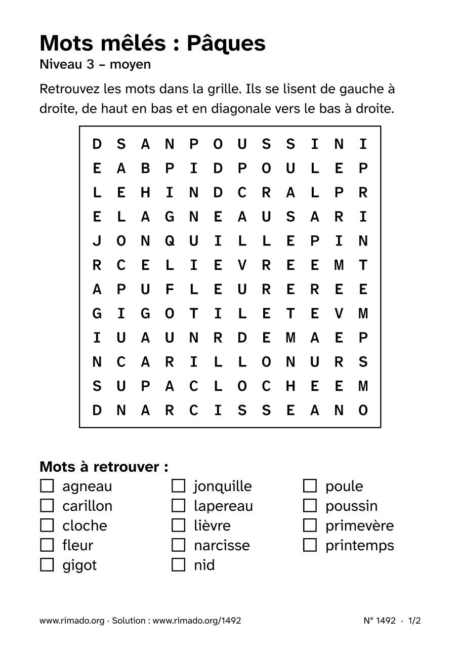 Aperçu de la feuille imprimée : Mots mêlés « Pâques », nº 1492