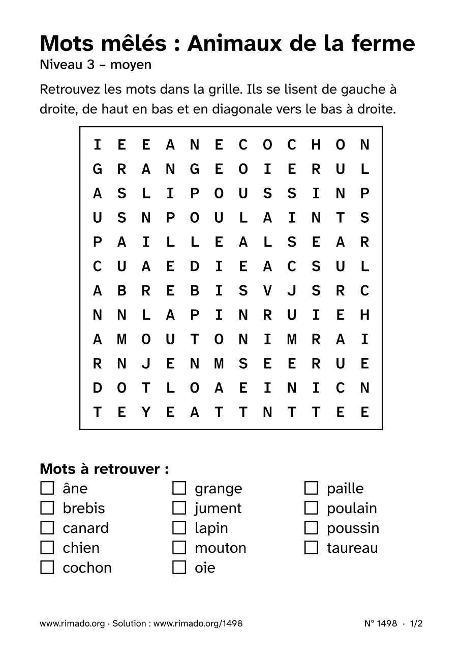 Aperçu de la feuille imprimée : Mots mêlés « Animaux de la ferme », nº 1498