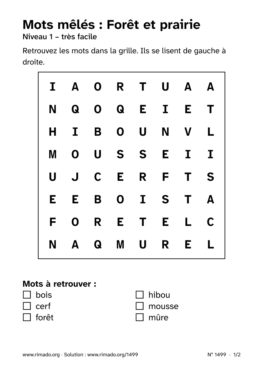 Aperçu de la feuille imprimée : Mots mêlés « Forêt et prairie », nº 1499