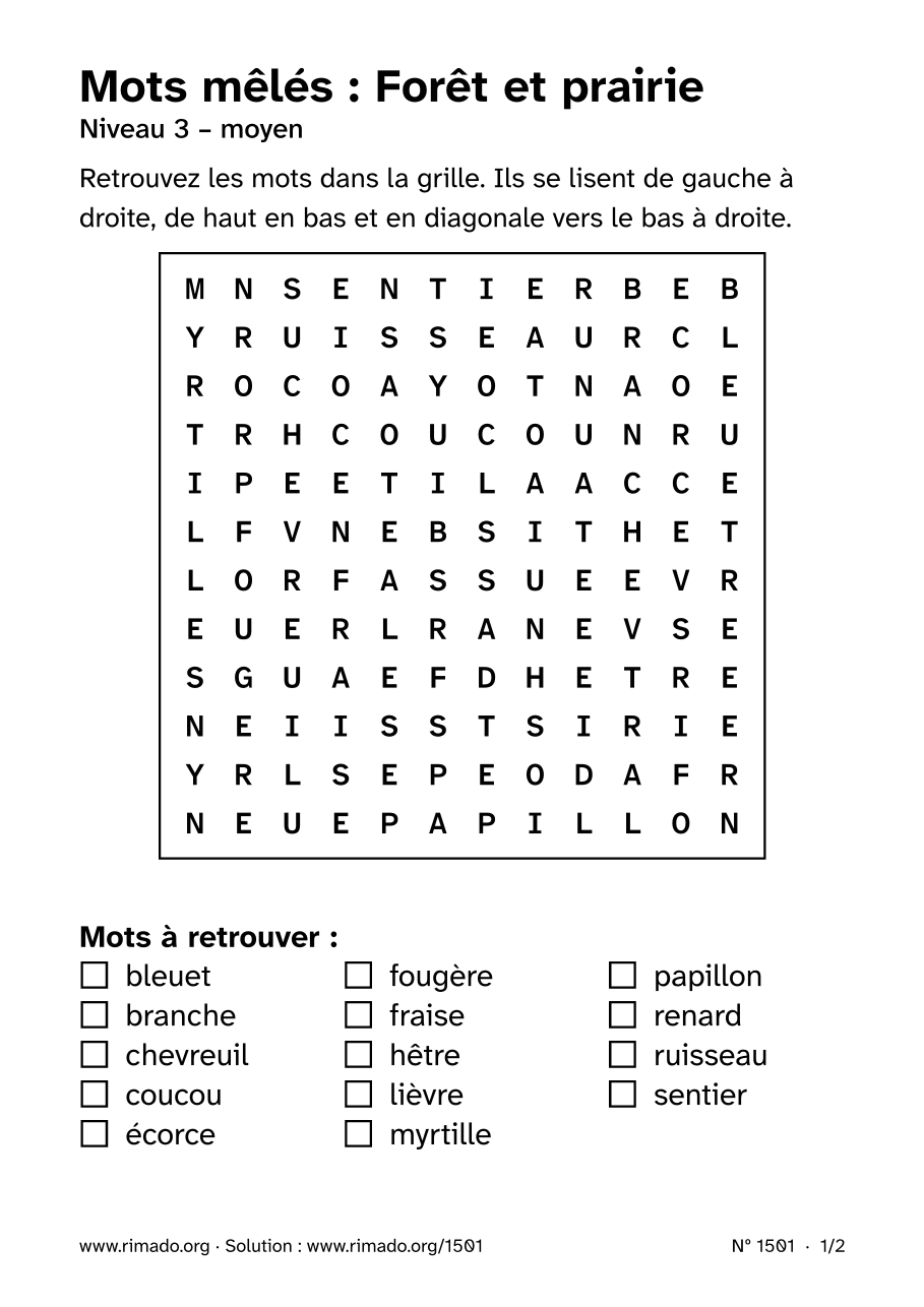 Aperçu de la feuille imprimée : Mots mêlés « Forêt et prairie », nº 1501