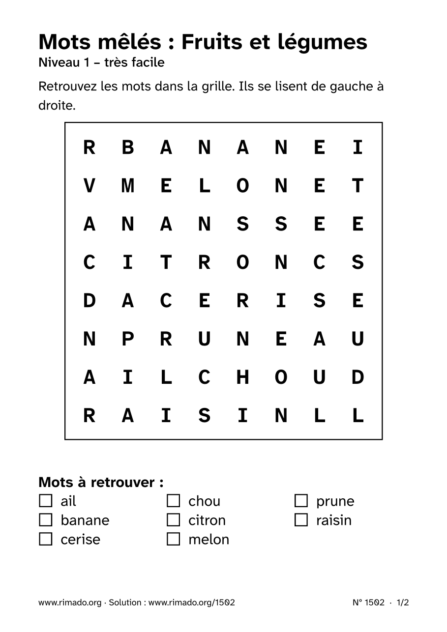 Aperçu de la feuille imprimée : Mots mêlés « Fruits et légumes », nº 1502