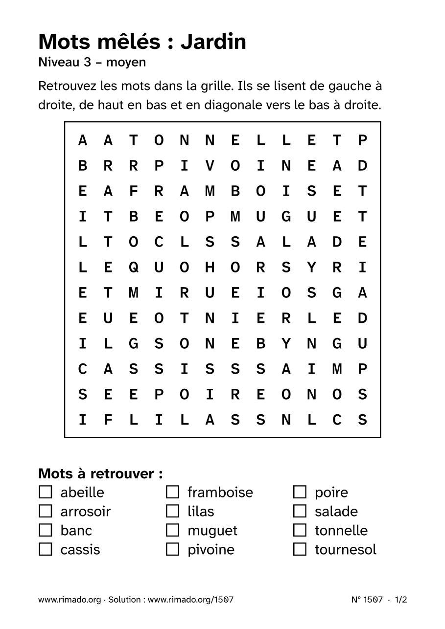 Aperçu de la feuille imprimée : Mots mêlés « Jardin », nº 1507