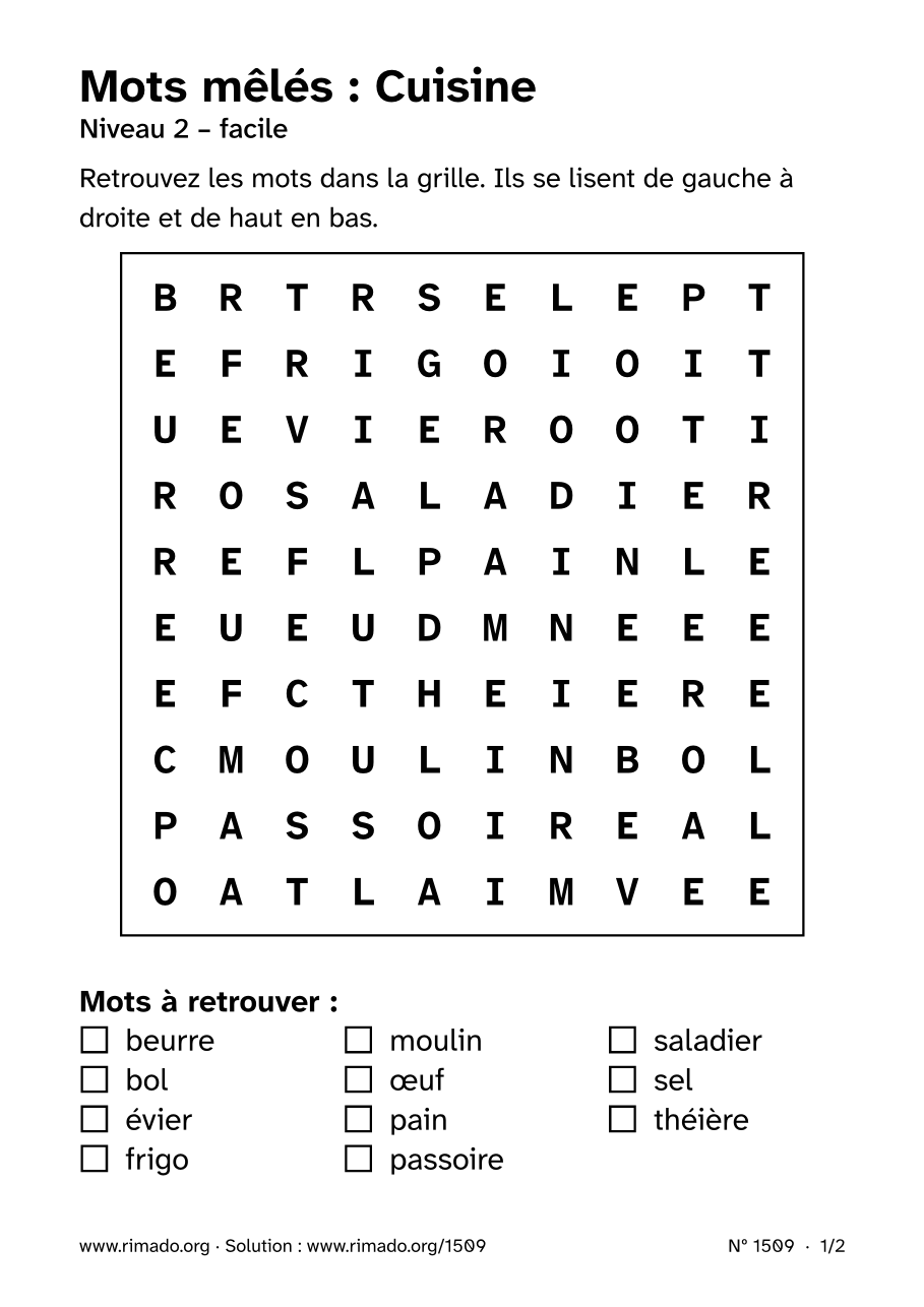 Aperçu de la feuille imprimée : Mots mêlés « Cuisine », nº 1509