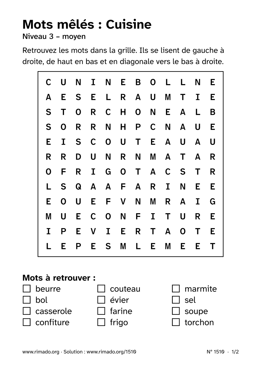 Aperçu de la feuille imprimée : Mots mêlés « Cuisine », nº 1510