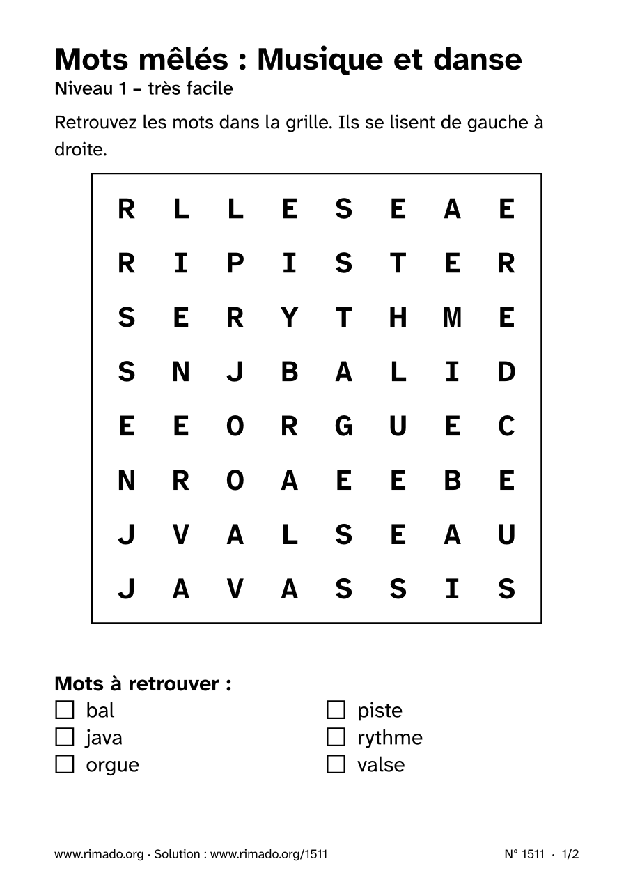 Aperçu de la feuille imprimée : Mots mêlés « Musique et danse », nº 1511