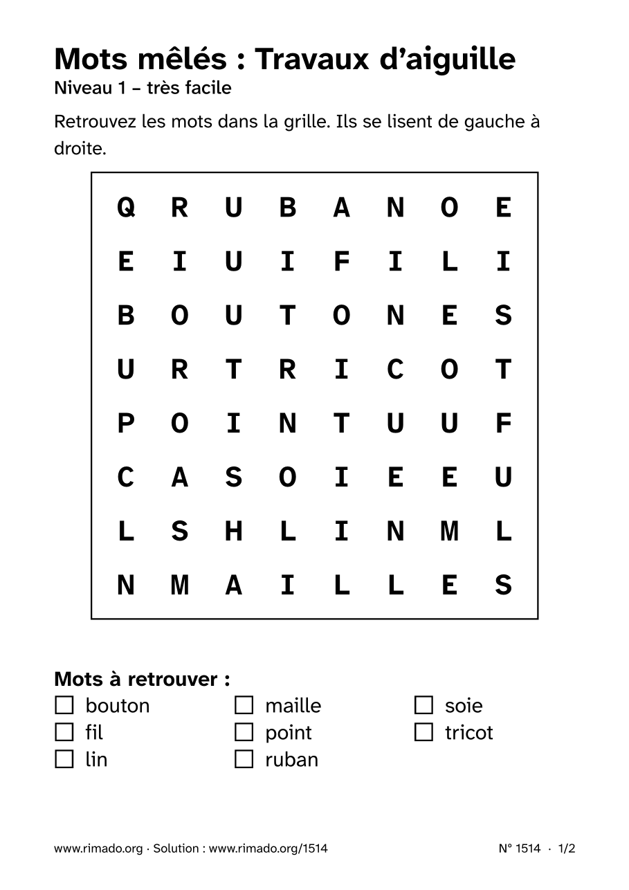 Aperçu de la feuille imprimée : Mots mêlés « Travaux d’aiguille », nº 1514