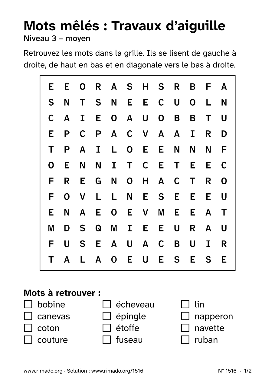 Aperçu de la feuille imprimée : Mots mêlés « Travaux d’aiguille », nº 1516