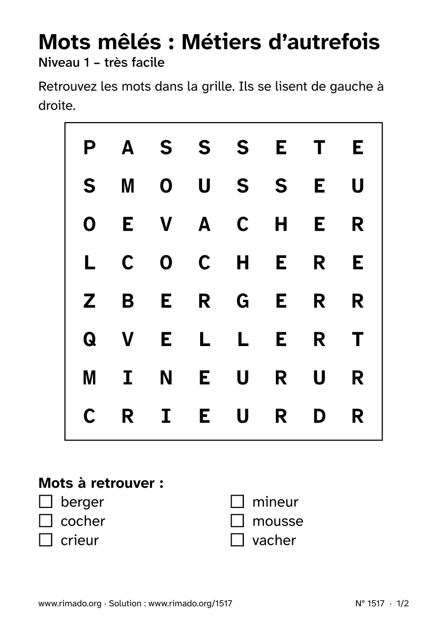 Aperçu de la feuille imprimée : Mots mêlés « Métiers d’autrefois », nº 1517